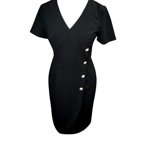 Karl Lagerfeld Paris Black Wrap-Style Sheath Dress  Pearl Button Detail – Size 4 - Picture 1 of 6